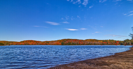 Rolling hills by the lake filled with colorful fall leaves.