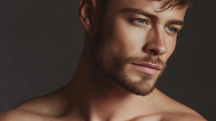 Portrait of young white man with beard and blue eyes in dramatic lighting
