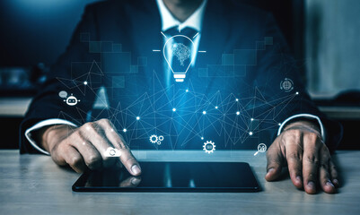 AI innovation with neural network and digital transformation. AI innovation drives automation,...