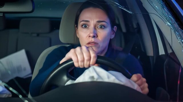 Woman in car with deployed airbag and cracked windshield after accident. Driving safety concept footage.