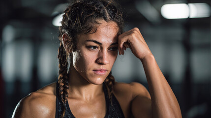 A close-up portrait of a tired, sweaty young female athlete resting and looking pensive after an intense workout. Her expression conveys exhaustion, focus, and a powerful sense of determination.