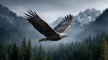 Fototapeta premium Powerful bald eagle in flight with outstretched wings soaring over misty mountain forest. Dramatic wildlife photography showcasing America's national bird in natural habitat.
