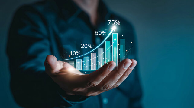 Person holding glowing digital business growth chart with upward trend and percentage indicators
