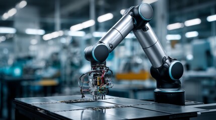 Advanced collaborative robot performing precision assembly work on circuit boards in high-tech manufacturing facility. Automation and Industry concept.