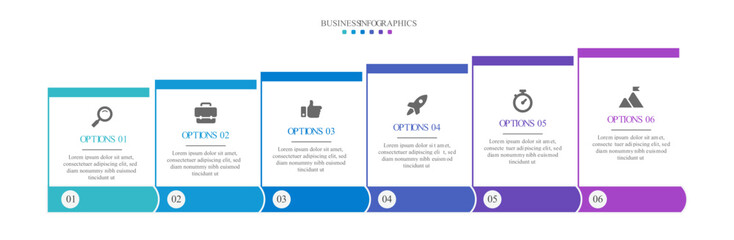 Progress bar featuring 6 arrow-shaped elements, symbolizing the six stages of business strategy and progression. Clean timeline infographic design template. Vector for mobile presentation.