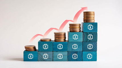 Visualizing growing healthcare costs with stacked coins and medical briefcase icons on ascending blocks
