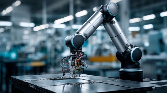 Advanced collaborative robot performing precision assembly work on circuit boards in high-tech manufacturing facility. Automation and Industry concept.
