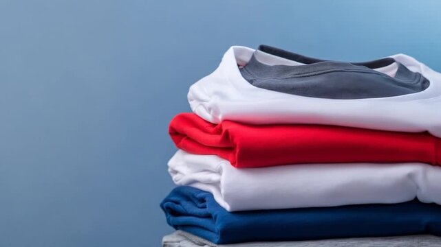 Colorful t shirt stack folded neatly on a simple background for fashion and lifestyle advertising