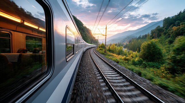 A high-speed train travels through a stunning mountain landscape at sunset, with lush greenery and tracks curving into the distance. Perfect for travel and nature themes. - Powered by Adobe