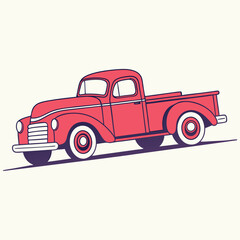 Retro red pickup truck is depicted with bold lines on a solid background