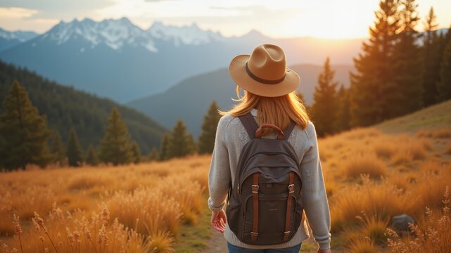 Young woman in hat walking on mountain meadow against autumn landscape
- Powered by Adobe