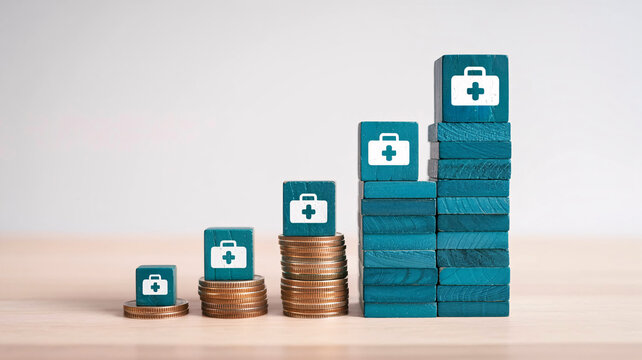 Growing medical costs represented by rising stacks of coins and medical bag icons symbolizing healthcare expenses.
