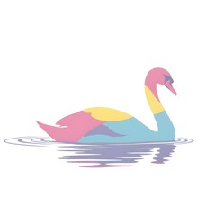 Naklejka premium Colorful Swan Illustration with Geometric Shapes in Pink Yellow and Blue on Water Graphic Design