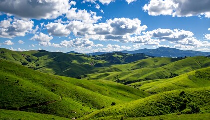 Naklejka premium Lush valley with rolling hills under a partly cloudy sky