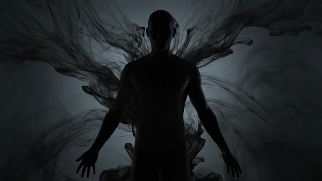 Abstract Man Emerging from Smoke - A silhouetted man is depicted, seemingly emerging from or enveloped by swirling, dark tendrils of smoke.