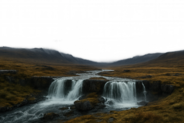 Cascading waterfall flowing through misty mountain landscape, creating peaceful scene with transparent background, ideal for nature design elements