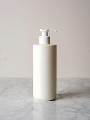 Minimalist white pump bottle on a textured surface with soft lighting