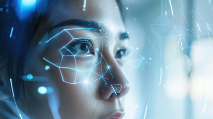 Close up of a woman's face with digital lines and nodes overlayed in a futuristic style design