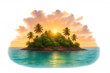 Small tropical island with palm trees at sunset with transparent background, perfect for travel and tourism projects