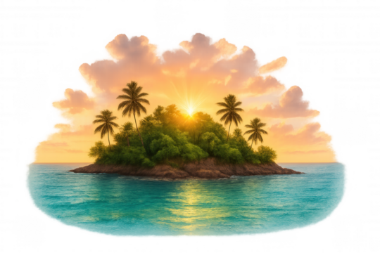 Small tropical island with palm trees at sunset with transparent background, perfect for travel and tourism projects