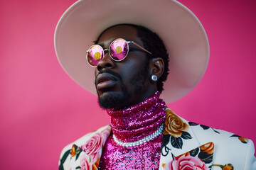 Modern fashion portrait of a man wearing a hat and an elegant suit with a floral print, paired with sunglasses in vivid, bright pink tones.