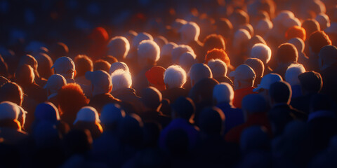 Obraz premium Crowd of people seen from behind in warm dramatic light. Unity, protest, gathering and social movement concept background