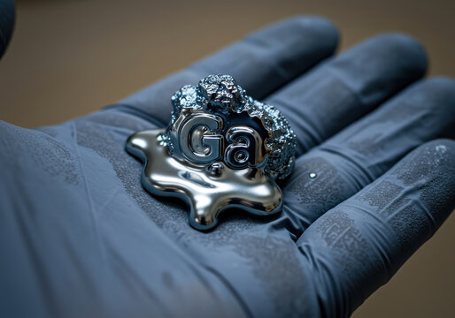 Element Gallium (Ga) A stunning photograph of solid gallium metal melting in a person's gloved hand
