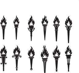 set of vector silhouettes of fire,  Vector Set of Ancient and Olympic Style Torches
