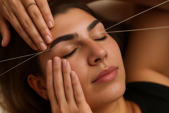 Professional eyebrow artist threading female client&rsquo;s eyebrows in beauty salon