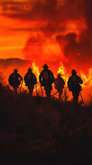Silhouetted soldiers marching towards a fiery sunset on a hilltop