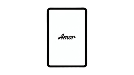 A tablet displaying the word amor in cursive against a white background on transparent background