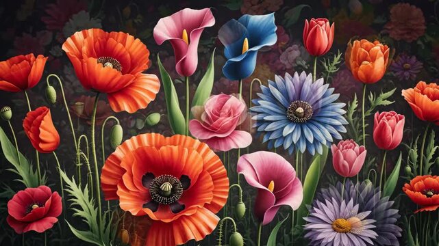 Vintage Watercolor Poppies and Flowers - A vibrant watercolor-style animation depicts a lush field of flowers, featuring prominent poppies in shades of orange and red, along with various other