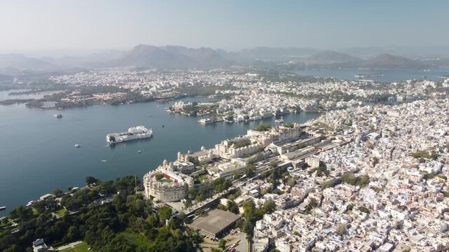 Udaipur City Palace and Lake Pichola Forward Aerial View, Rajasthan India