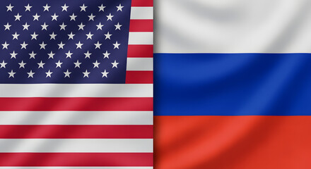 The national flags of the United States and the Russian Federation are displayed side-by-side representing their complex international relationship.