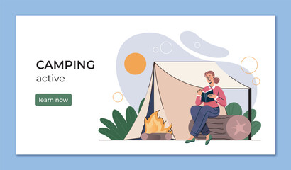 Woman reading book while camping outdoors. Vector illustration