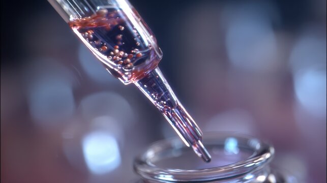Medium shot emphasizing hydrogelencapsulated stem cell suspension being injected into a spinal cord tissue simulator background softly out of focus to stress technique.