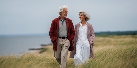 Elderly caucasian couple enjoying a stroll by the sea in grassy meadow