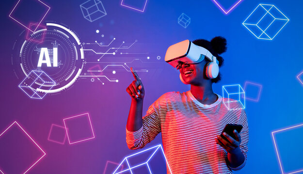 A cheerful woman explores AI technology using a virtual reality headset, surrounded by vibrant geometric shapes, showcasing immersion in the digital world of creativity and innovation. XDMCP