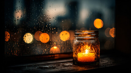 Cozy Evening: A Candle in a Jar by a Rainy Window