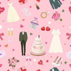 Wedding seamless pattern. Wedding party elements, bride dress and groom suit,  bouquet, accessories, ring, cake and hearts. Decor textile. Vector illustration
