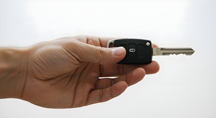 Hand holding a shiny metallic car key against a clean white background, with soft lighting highlighting the sleek design and polished surface.