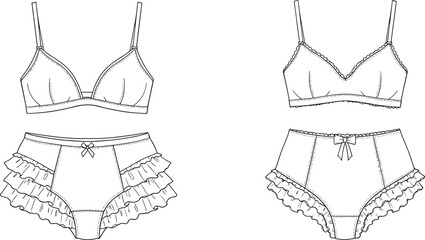 Lingerie Technical Sketch, Bra and Panty Set, Ruffle Side Detail, Scalloped Edges, Bow Accent, Fashion Undergarment Illustration