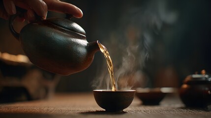 Hot tea is poured into a small bowl.
