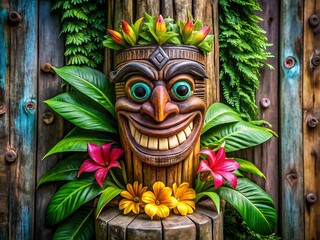A vibrant tiki mask with flowers and greenery, a symbol of tropical culture and ancient traditions