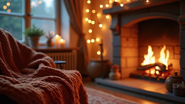 A cozy interior with a warm blanket near the fireplace on an autumn or winter evening.
- Powered by Adobe