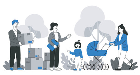 Family moving day with baby stroller. Vector illustration