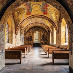 Fototapeta premium Historic Medieval Church Interior with Colorful Murals and Arches