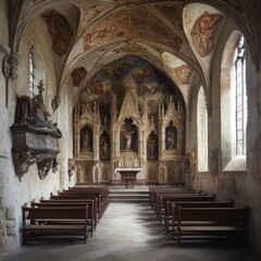 Medieval Church Interior with Historic Murals and Elegant Architecture