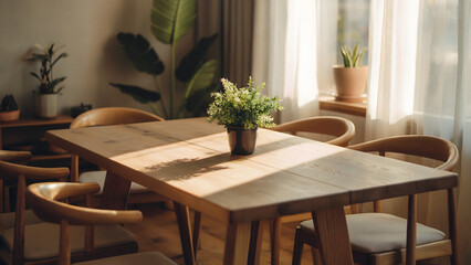 Bright dining room with wooden table chairs and plant under natural light from the window curtains