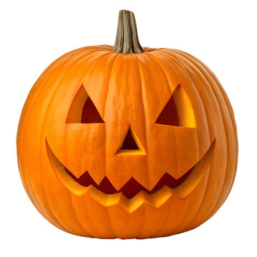 A classic carved halloween jack o lantern pumpkin with a spooky face isolated on transparent background